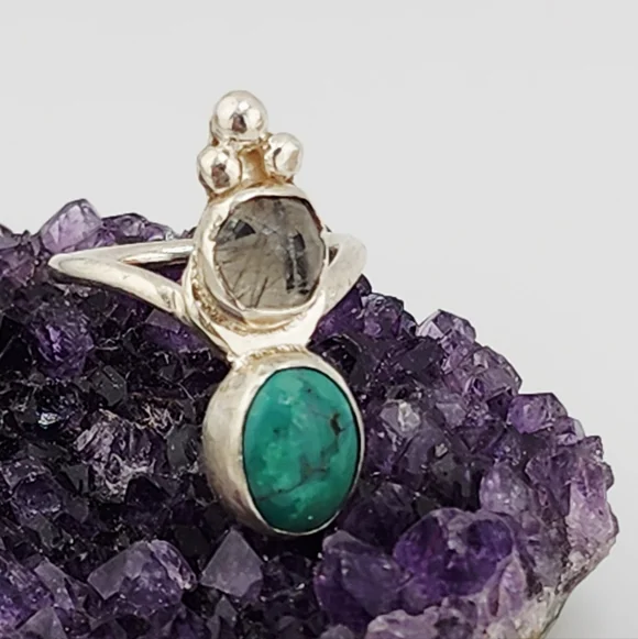 TURQUOISE & RUTILATED QUARTZ HANDMADE RING IN STERLING SILVER METAL SIZE 7 - Picture 5 of 10